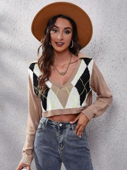 Oh Rare - Women Brown Collar Neck Crop Pullover Sweater