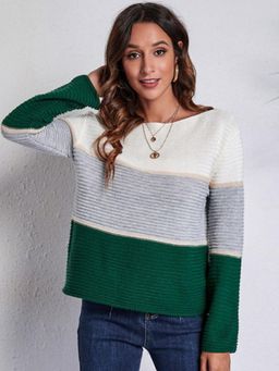 Oh Rare - Women Green Colourblocked Boat Neck Pullover Sweater
