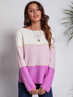 Oh Rare - Women Pink Colourblocked Boat Neck Pullover Sweater
