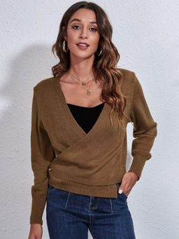 Oh Rare - Women Brown Knitted Acrylic Crop Pullover Cardigan