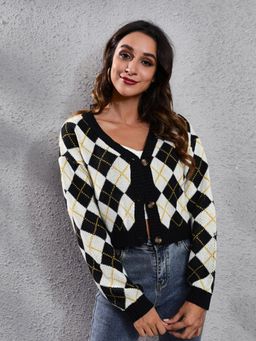 Oh Rare - Women White Checked Crop Cardigan