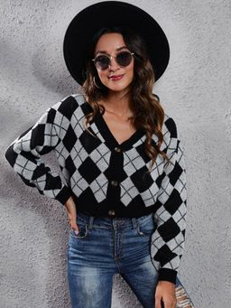 Oh Rare - Women Grey Checked Crop Cardigan