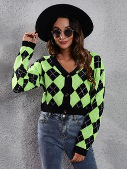 Oh Rare - Women Green Checked Crop Cardigan