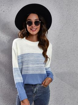 Oh Rare - Women Blue Colourblocked Pullover Sweater
