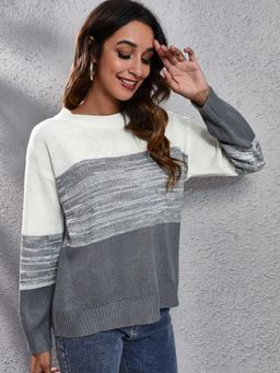 Oh Rare - Women Grey Colourblocked Pullover Sweater