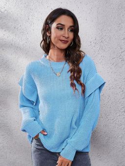 Oh Rare - Women Blue Round Neck Pullover Sweater