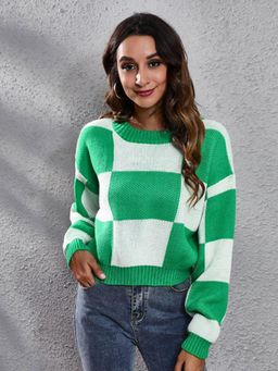 Oh Rare - Women Green Checked Pullover Sweaters