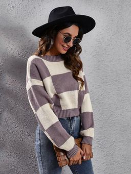 Oh Rare - Women Purple Checked Pullover Sweaters