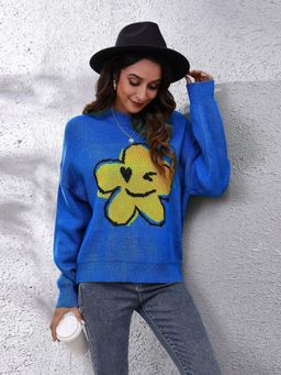 Oh Rare - Women Blue Printed Pullover Sweater