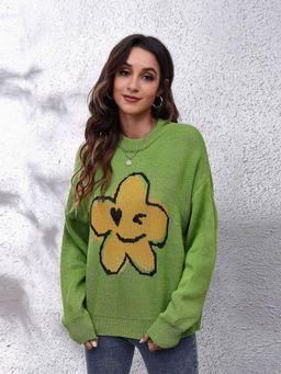 Oh Rare - Women Green Printed Pullover Sweater
