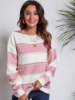 Oh Rare - Women Pink Colorblock Boat Neck Pullover Sweater