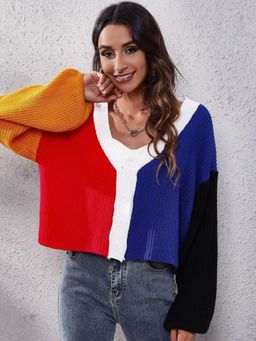 Oh Rare - Women Red Colourblocked Cardigan