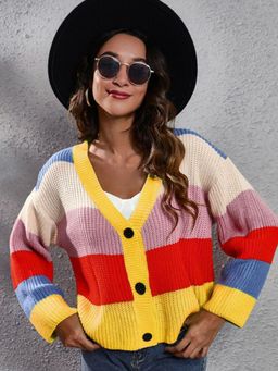 Oh Rare - Women Yellow Colorblock Cardigan
