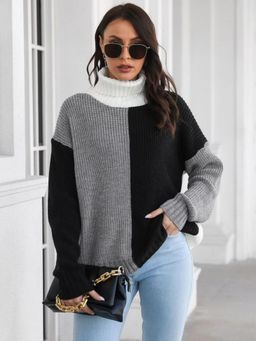 Oh Rare - Women Black Colourblocked Pullover Sweater
