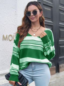 Oh Rare - Women Green Colorblock Pullover Sweater