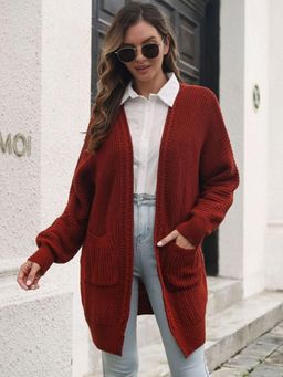 Oh Rare - Women Red Ribbed Longline Cardigan