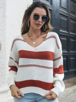 Oh Rare - Women Red Colorblock Pullover Sweater