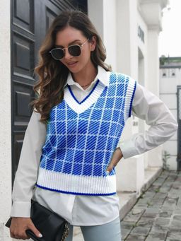 Oh Rare - Women Blue Checked Sweater
