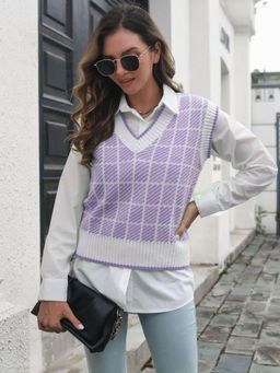 Oh Rare - Women Purple Checked Sweater