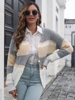 Oh Rare - Women Beige Colorblock Cardigan