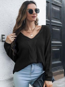 Oh Rare - Women Black Cable Knit Pullover Sweater