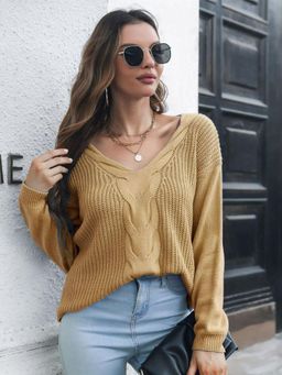 Oh Rare - Women Yellow Cable Knit Pullover Sweater
