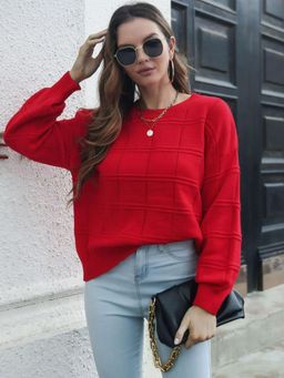 Oh Rare - Women Red Checked Pullover Sweater