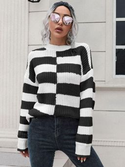 Oh Rare - Women Black Colorblock Pullover Sweater