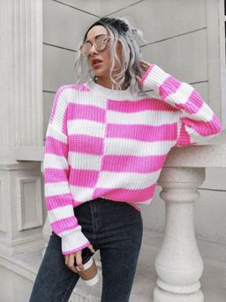 Oh Rare - Women Pink Colorblock Pullover Sweater