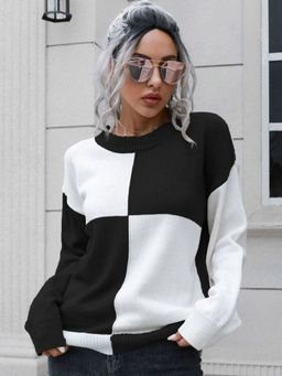 Oh Rare - Women Black Colourblocked Round Neck Pullover Sweater