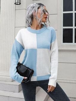 Oh Rare - Women Blue Colourblocked Round Neck Pullover Sweater