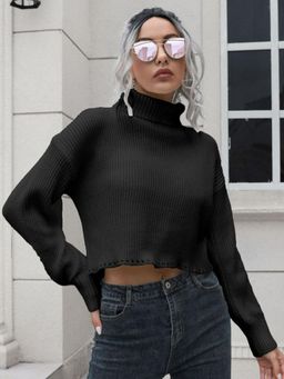 Oh Rare - Women Black Turtle Neck Ribbed Crop Pullover Sweater