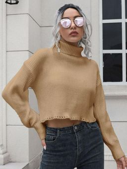 Oh Rare - Women Brown Turtle Neck Ribbed Crop Pullover Sweater