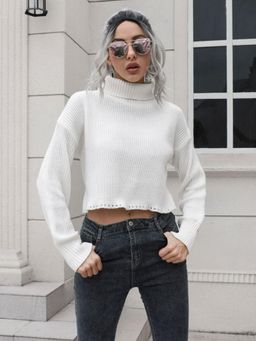 Oh Rare - Women White Turtle Neck Ribbed Crop Pullover Sweater