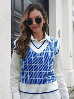 Oh Rare - Women Blue V-Neck Checked Sweater Vest