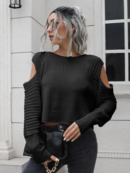 Oh Rare - Women Black Ribbed Pullover Sweater