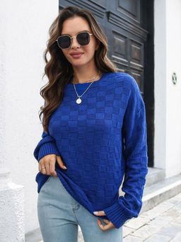 Oh Rare - Women Blue Checked Pullover Sweater