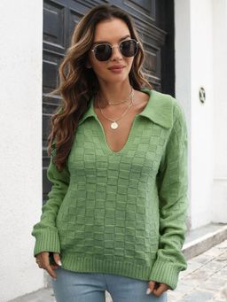 Oh Rare - Women Green Collar Neck Pullover Sweater