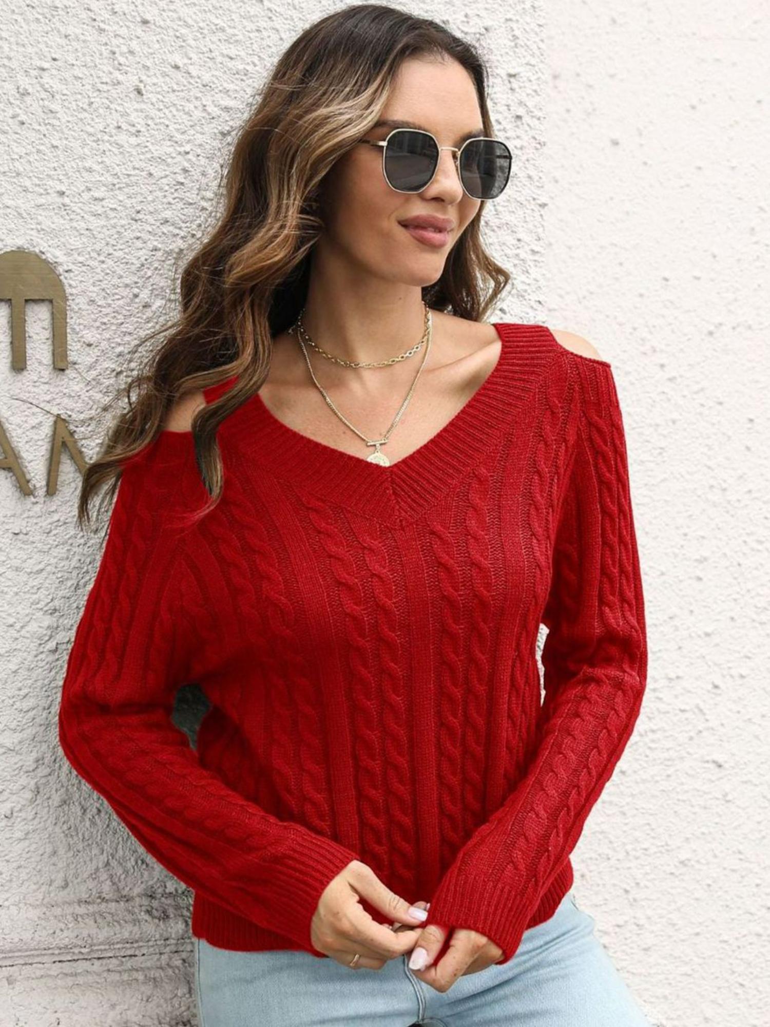 oh rare Women Red V-Neck Cable Knit Pullover Sweater-picture-12