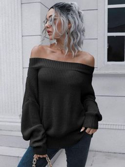 Oh Rare - Women Black Off-Shoulder Pullover Sweater