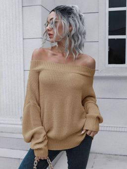 Oh Rare - Women Khaki Off-Shoulder Pullover Sweater