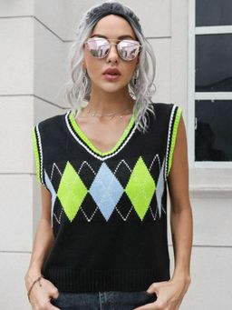 Oh Rare - Women Green V-Neck Chevron Crop Sweater