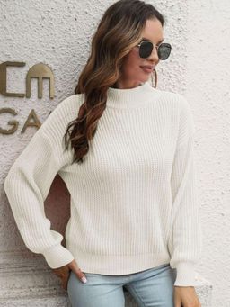 Oh Rare - Women White Ribbed Pullover Sweater