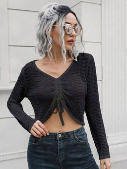 Oh Rare - Women Black Self Design Acrylic Crochet V-Neck Top