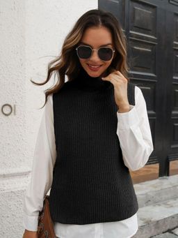Oh Rare - Women Black Turtle Neck Ribbed Sweater