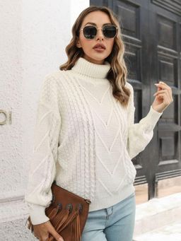 Oh Rare - Women White Cable Knit Turtle Neck Pullover Sweater
