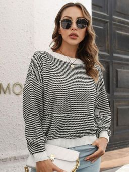 Oh Rare - Women Black Striped Pullover Sweater