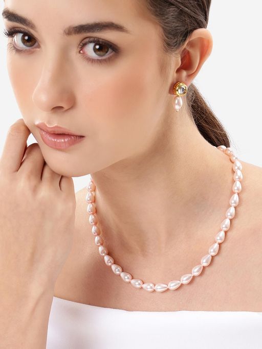 Carlton London Gold Plated Baby Pink Freshwater Pearl Beaded Necklace with Earrings
