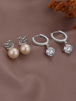 Carlton London - Rhodium Plated Cz and Pearl Stud and Drop Earrings Gift Set (Pack Of 2)