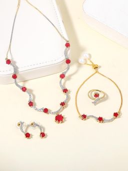 Estele - Gehena Dual Tone Minimal Stylish Ruby Necklace, Earrings, Ring & Bracelet